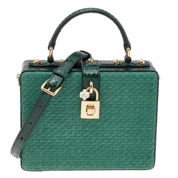 Pre Owned Dolce & Gabbana Green Python and Raffia Padlock Box Bag