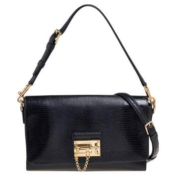 Pre Owned Dolce & Gabbana Black Lizard Embossed Leather Medium Miss Monica Shoulder Bag