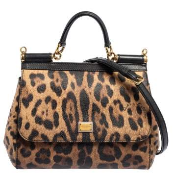 Pre Owned Dolce & Gabbana Black/Beige Leopard Print Coated Canvas and Leather Medium Sicily Top Handle Bag