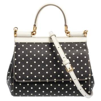 Pre Owned Dolce & Gabbana Black/White Polka Dots Leather Small Miss Sicily Top Handle Bag