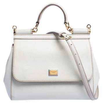 Pre Owned Dolce & Gabbana Off White Leather Medium Sicily Top Handle Bag