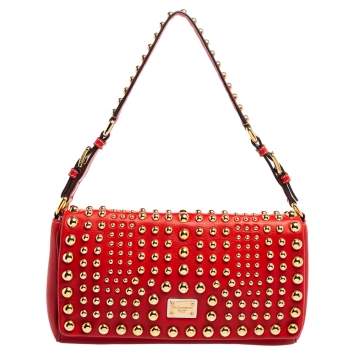 Pre Owned Dolce & Gabbana Red Leather Studded Shoulder Bag