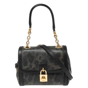 Pre Owned Dolce & Gabbana Black/Grey Leopard Print Coated Canvas and Leather Padlock Top Handle Bag