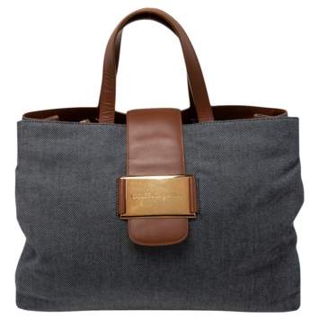 Pre Owned Dolce & Gabbana Blue/Brown Denim and Leather Flap Tote
