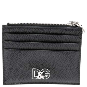 Pre Owned Dolce & Gabbana Black Leather Logo Zip Card Holder