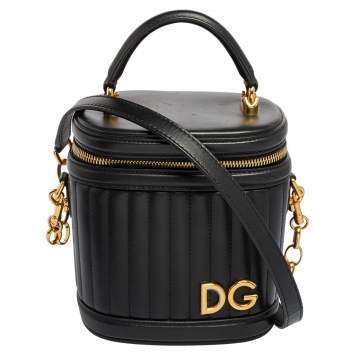 Pre Owned Dolce & Gabbana Black Leather DG Girls Bucket Bag