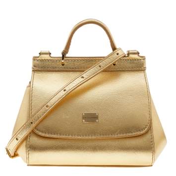 Pre Owned Dolce & Gabbana Metallic Gold Leather Mini Miss Sicily Top Handle Bag