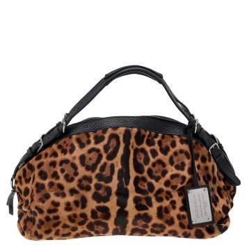 Pre Owned Dolce & Gabbana Black/Beige Leopard Print Calf Hair And Leather Satchel