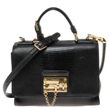Pre Owned Dolce & Gabbana Choco Black Lizard Embossed Leather Small Miss Monica Top Handle Bag