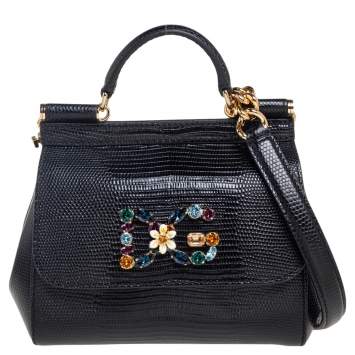 Pre Owned Dolce & Gabbana Black Lizard Embossed Leather Mini Miss Sicily Top Handle Bag