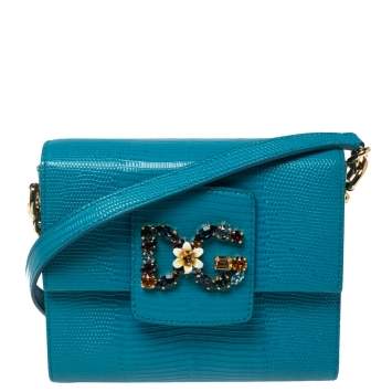 Pre Owned Dolce & Gabbana Blue Lizard Embossed Leather Small DG Millennials Shoulder Bag