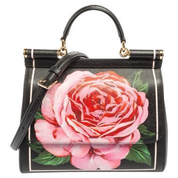 Pre Owned Dolce & Gabbana Black Rose Print Leather Medium Miss Sicily Top Handle Bag
