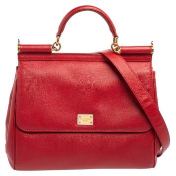 Pre Owned Dolce & Gabbana Red Leather Large Miss Sicily Top Handle Bag