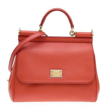 Pre Owned Dolce & Gabbana Orange Leather Medium Miss Sicily Top Handle Bag