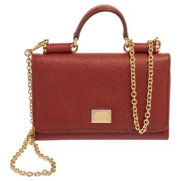 Pre Owned Dolce & Gabbana Brick Red Dauphine Leather Sicily Von Wallet on Chain