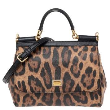 Pre Owned Dolce & Gabbana Brown Leopard Print Coated Canvas and Leather Medium Miss Sicily Top Handle Bag