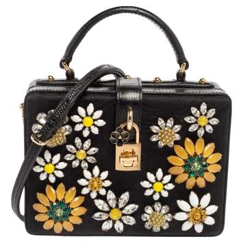 Pre Owned Dolce & Gabbana Black Lizard Embossed Leather Fabric Floral Embellished Dolce Box Bag