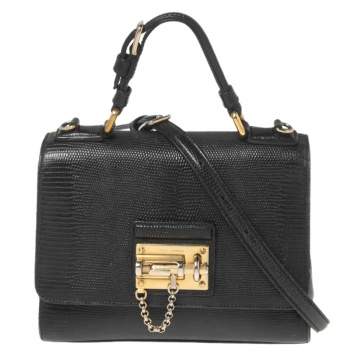 Pre Owned Dolce & Gabbana Black Lizard Embossed Leather Miss Monica Top Handle Bag
