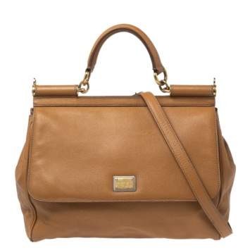 Pre Owned Dolce & Gabbana Light Brown Leather Large Miss Sicily Top Handle Bag