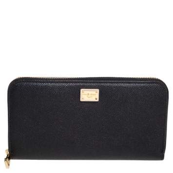 Pre Owned Dolce & Gabbana Black Leather Zip Around Continental Wallet