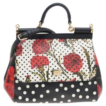 Pre Owned Dolce & Gabbana Multicolor Leather Floral Polka Dot Print Medium Miss Sicily Top Handle Bag
