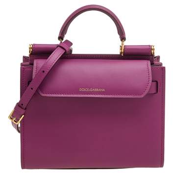 Pre Owned Dolce & Gabbana Purple Leather Mini Sicily 62 Top Handle Bag