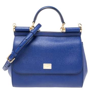 Pre Owned Dolce & Gabbana Blue Leather Medium Miss Sicily Top Handle Bag