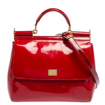 Pre Owned Dolce & Gabbana Red Patent Leather Large Miss Sicily Top Handle Bag