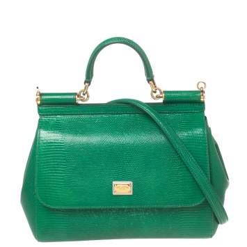 Pre Owned Dolce & Gabbana Green Lizard Embossed Leather Medium Miss Sicily Top Handle Bag