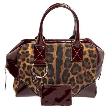 Pre Owned Dolce & Gabbana Burgundy/Brown Leopard Print Coated Canvas and Patent Leather Miss Ice Satchel