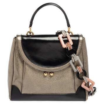 Pre Owned Dolce & Gabbana Metallic Silver/Black Leather Miss Babette Top Handle Bag