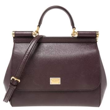 Pre Owned Dolce & Gabbana Burgundy Leather Medium Miss Sicily Top Handle Bag