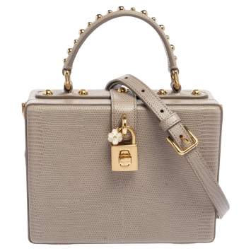 Pre Owned Dolce & Gabbana Grey Lizard Embossed Leather Rosaria Box Top Handle Bag            