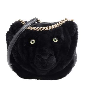 Pre Owned Dolce & Gabbana Black Fur and Croc Embossed Leather DG Millennials Panther Shoulder Bag