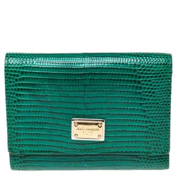 Pre Owned Dolce & Gabbana Green Lizard Embossed Leather Trifold Compact Wallet