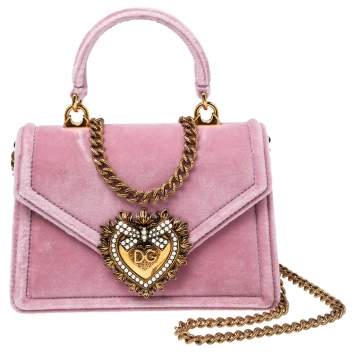 Pre Owned Dolce & Gabbana Pink Velvet Small Devotion Top Handle Bag