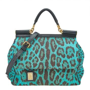 Pre Owned Dolce & Gabbana Blue/Brown Leopard Print Raffia Large Miss Sicily Top Handle Bag