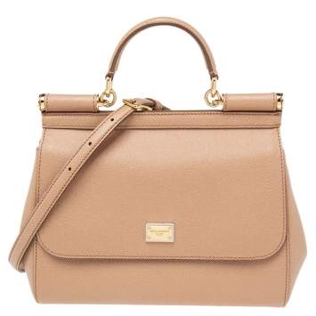 Pre Owned Dolce & Gabbana Beige Leather Medium Miss Sicily Top Handle Bag