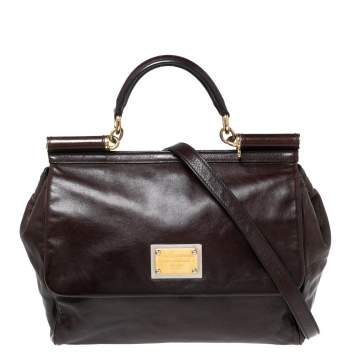 Pre Owned Dolce & Gabbana Dark Brown Leather Large Miss Sicily Top Handle Bag