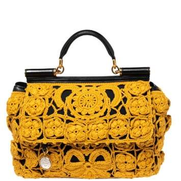 Pre Owned Dolce & Gabbana Black/Mustard Crochet and Leather Large Sicily Top Handle Bag