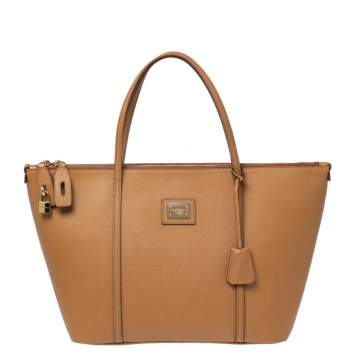 Pre Owned Dolce & Gabbana Tan Leather Miss Escape Top Zip Shopper Tote