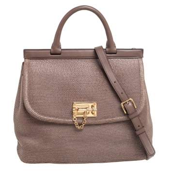 Pre Owned Dolce & Gabbana Dark Beige Leather and Coated Raffia Miss Monica Top Handle Bag