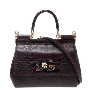 Pre Owned Dolce & Gabbana Burgundy Lizard Embossed Leather Small Crystal DG Logo Sicily Top Handle Bag