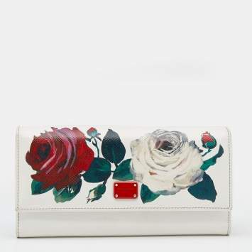 Pre Owned Dolce & Gabbana White Leather Floral Print Dauphine Continental Wallet