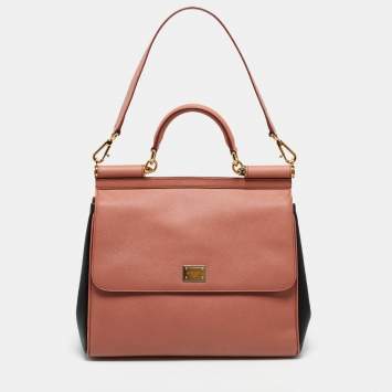 Pre Owned Dolce & Gabbana Beige/Black Leather Large Miss Sicily Top Handle Bag