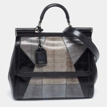Pre Owned Dolce & Gabbana Black/Grey Snakskin Medium Miss Sicily Top Handle Bag
