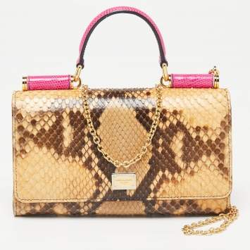 Pre Owned Dolce & Gabbana Pink/Peach Python and Leather Sicily Wallet on Chain 