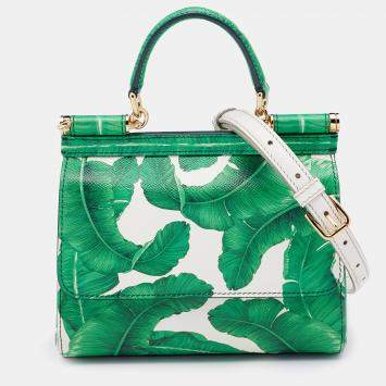 Pre Owned Dolce & Gabbana Green Banana Leaf Print Leather Small Miss Sicily Top Handle Bag