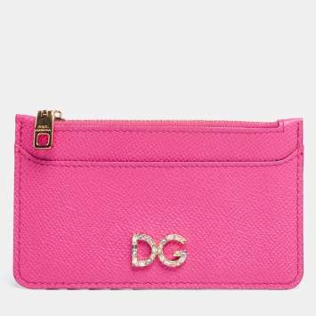 Pre Owned Dolce & Gabbana Pink Leather Zip Card Holder