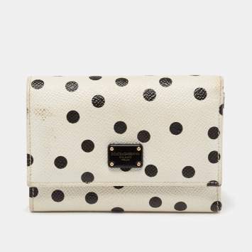 Pre Owned Dolce & Gabbana White/Black Polka Dot Print Leather Trifold Compact Wallet